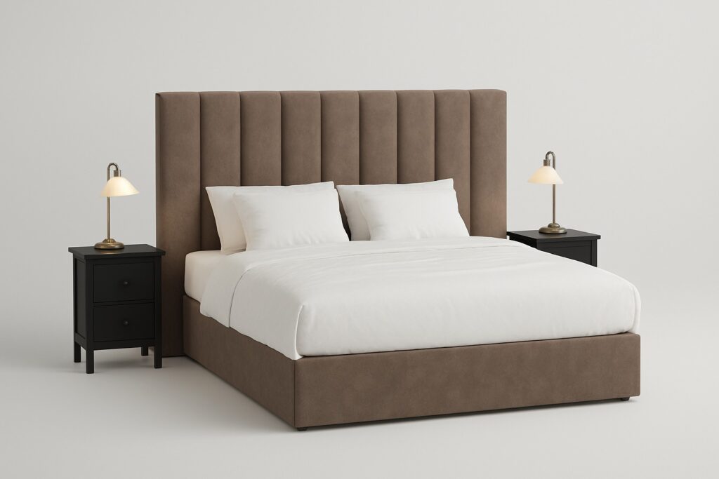 K Design brown fabric king size bed with upholstered frame